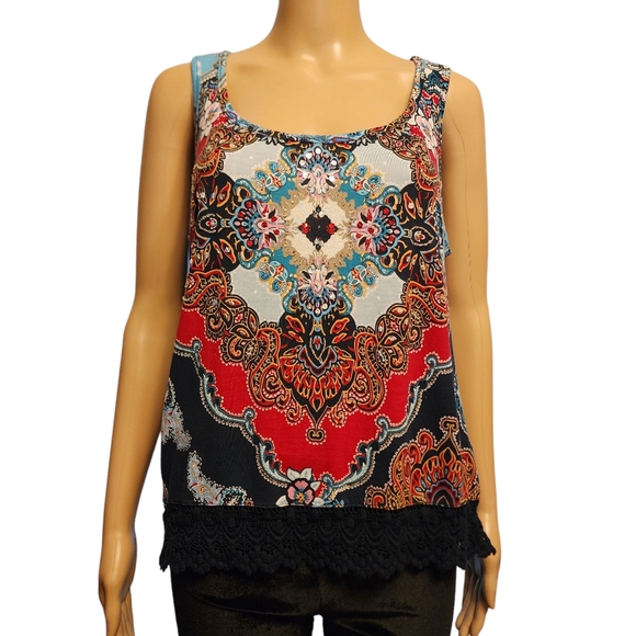 Bila Tops - Bila Boho Paisley Print Tank Top with Crochet Hem Size M
